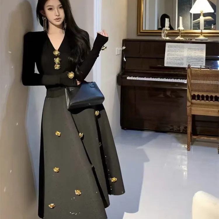 〖猫姐衣橱〗秋冬新款时尚金色花朵星空毛呢套裙