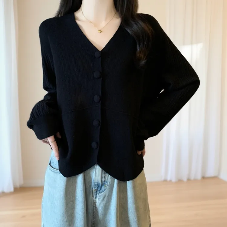 大码遮肚子单排扣针织开衫毛衣女秋季微胖宽松显瘦内搭上衣打底衫