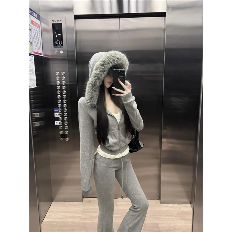 秋冬季新款加绒韩系复古灰色毛领连帽运动卫衣套装女喇叭裤两件套