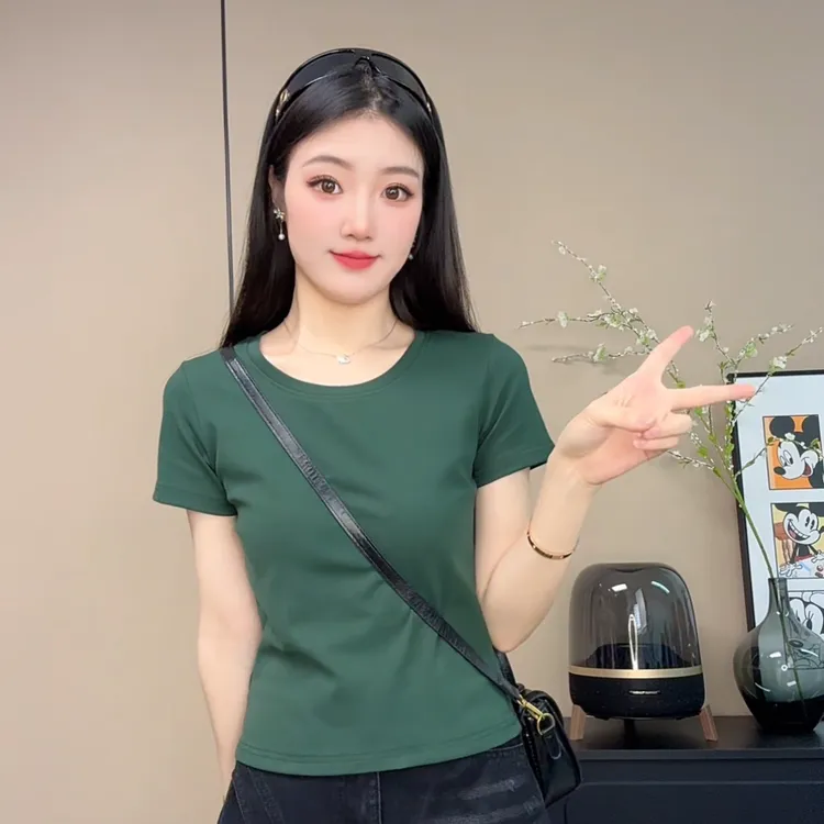 百搭纯色U领露锁骨纯色短袖T恤女夏季新款修身显瘦短款高弹力上衣