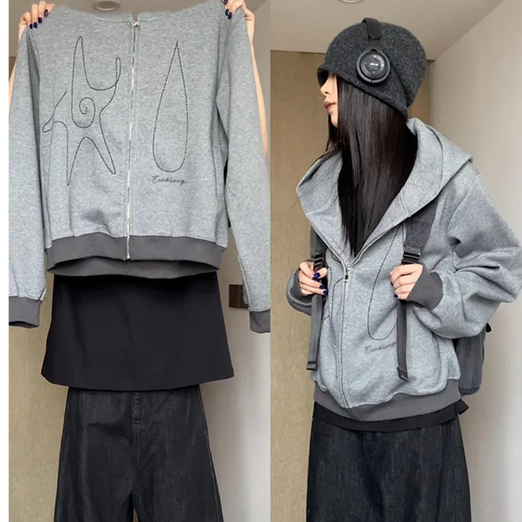 美式高街拉链连帽开衫卫衣女春秋宽松小众设计百搭休闲学院风外套