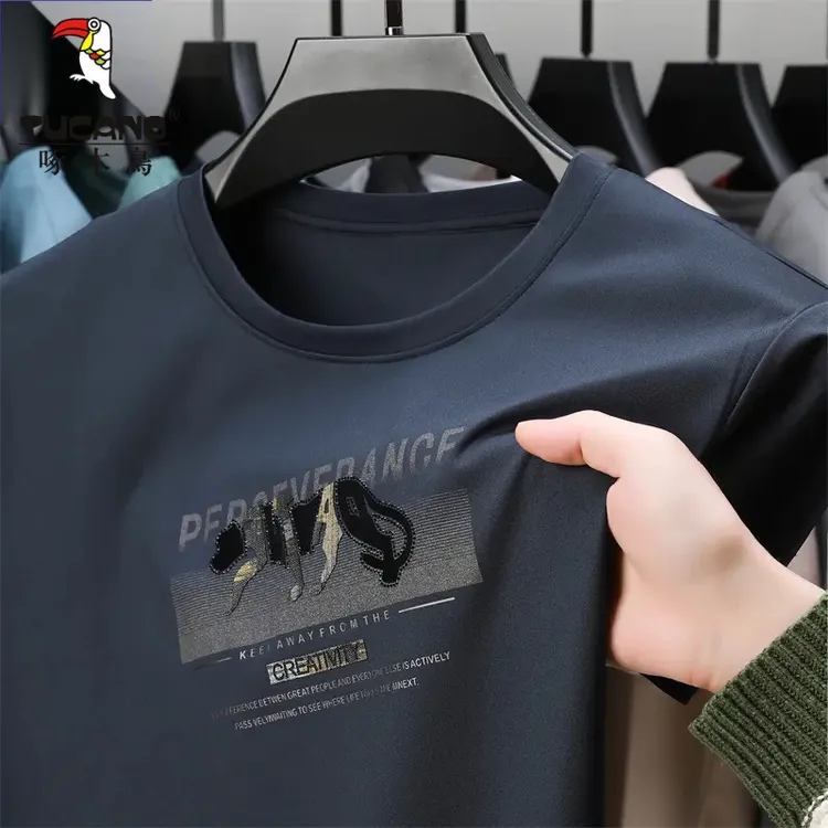 啄木鸟冰丝短袖T恤男夏季薄款透气凉感上衣时尚圆领印花打底衫