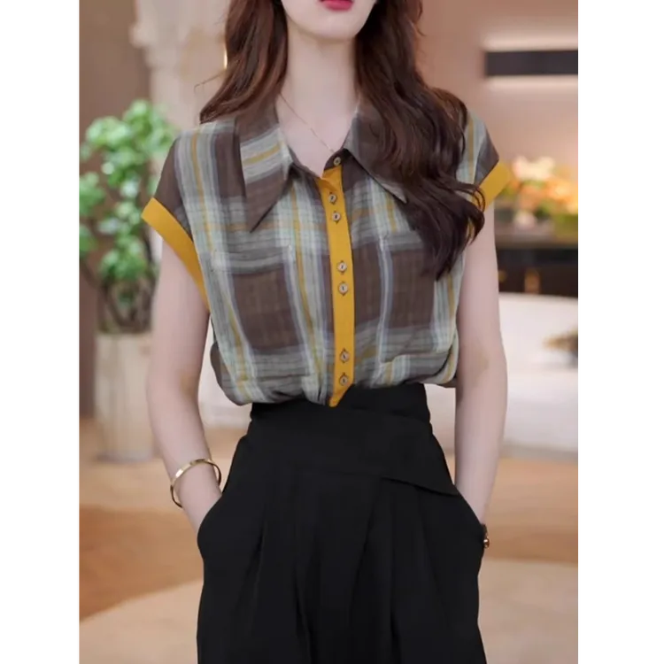 高级感撞色格子女士无袖雪纺衬衫女夏季2025新款洋气上衣短袖衬衣