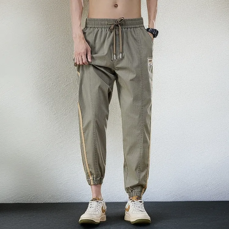 美式休闲撞色拼接束脚哈伦裤男生夏季新款薄款透气九分冰丝运动裤