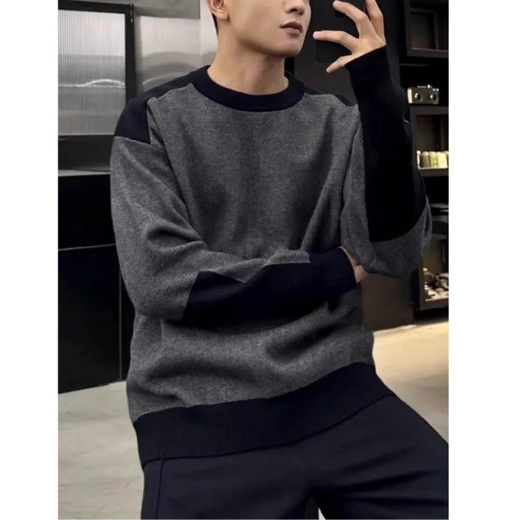 撞色拼接设计款长袖毛衣男高级感圆领加厚针织衫上衣秋冬季百搭潮