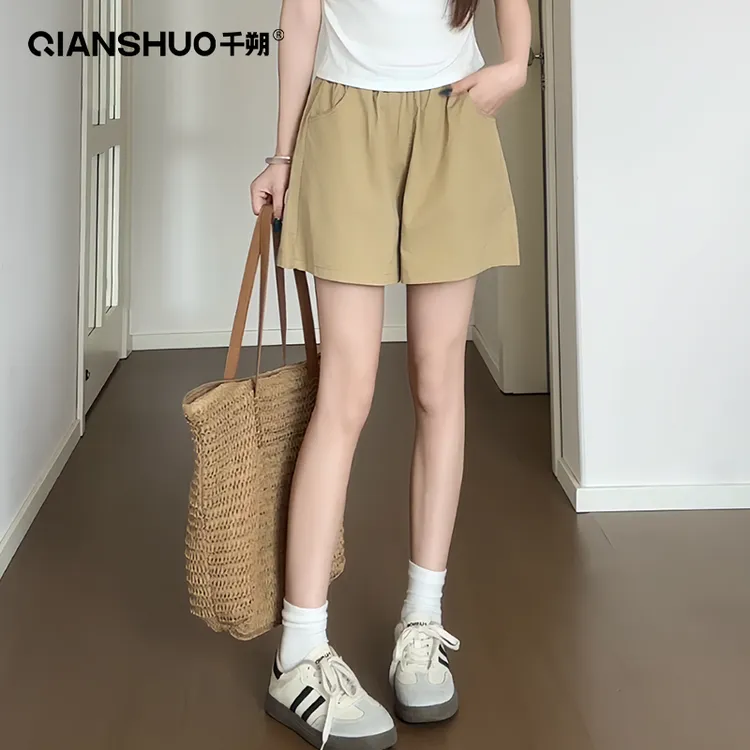 千朔卡其色棉短裤女夏薄2025新款宽松休闲工装裤外穿阔腿运动短裤