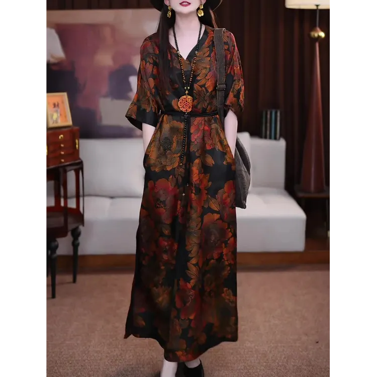优雅气质时尚连衣裙2025夏装新款中年妈妈装大码宽松显瘦高贵长裙