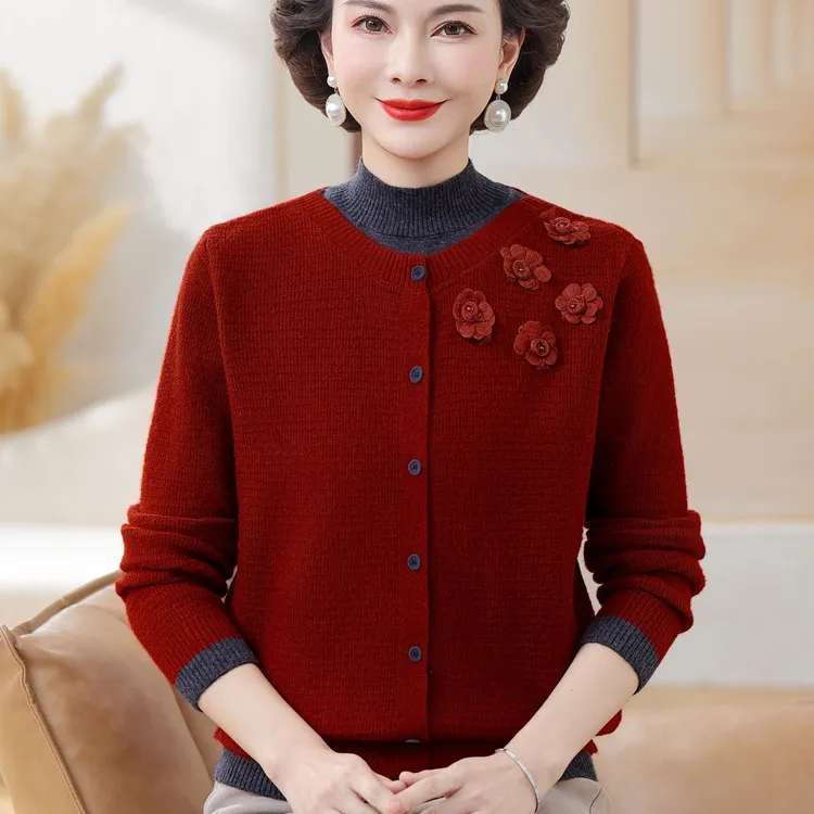假两件开衫中老年气质女大码秋冬时尚毛衫洋气妈妈装针织打底衫厚