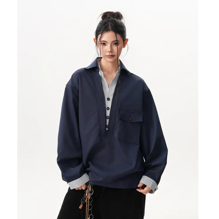 老钱风假两件V领衬衫女男秋季宽松休闲长袖衬衣撞色百搭上衣外套