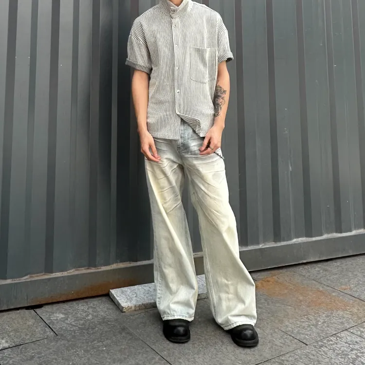 DANTP薄荷绿奶油牛王脏染擦色baggy版型宽松直筒牛仔裤男复古