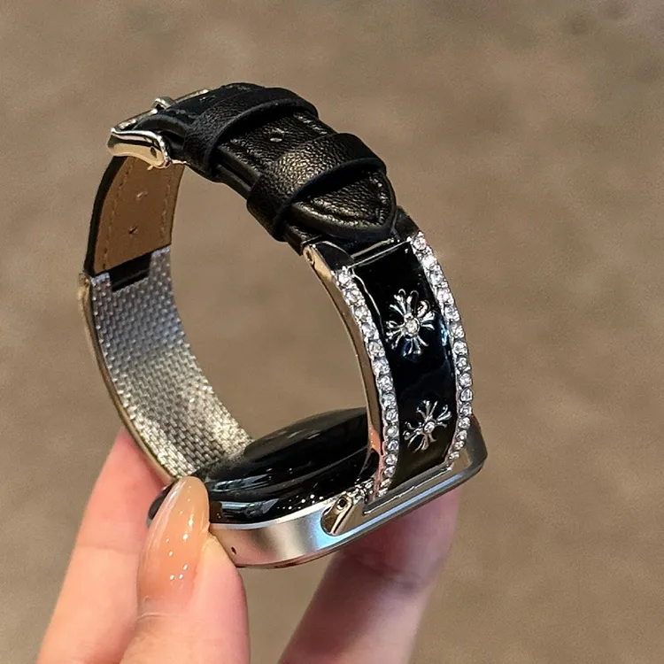 适用华为FIT3FIT4金属克罗锌镶钻拼皮质手表表带小米10/9/watch5