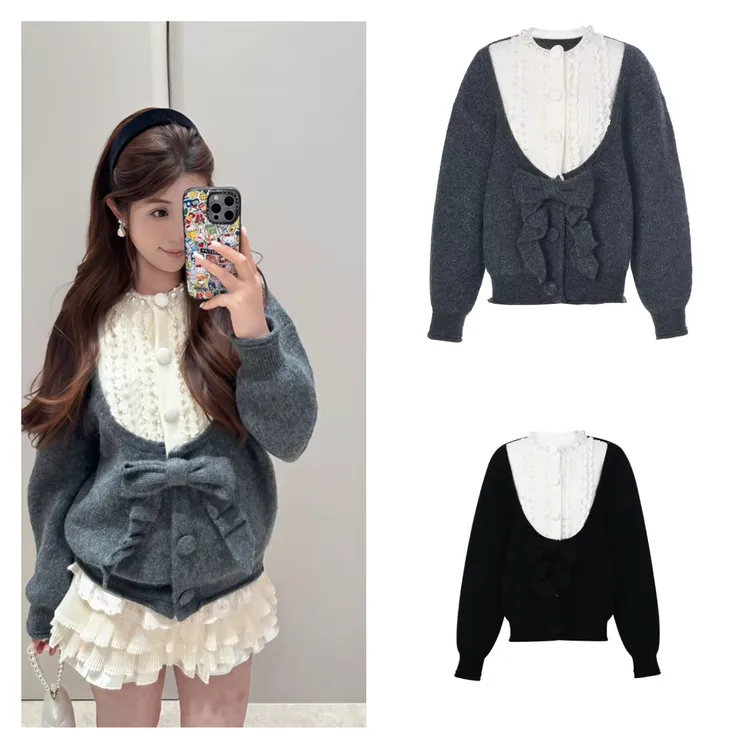 财阀千金女装赫本风深色拼接蝴蝶结装饰针织衫开衫外套女2025秋冬