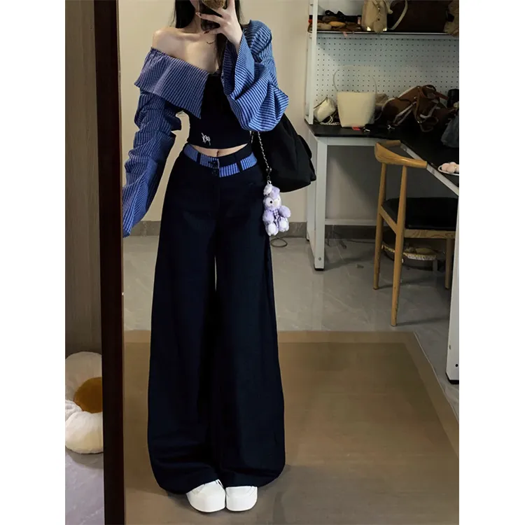 韩系复古一字肩撞色条纹拼接显瘦修身短款上衣学院休闲裤俩件套装