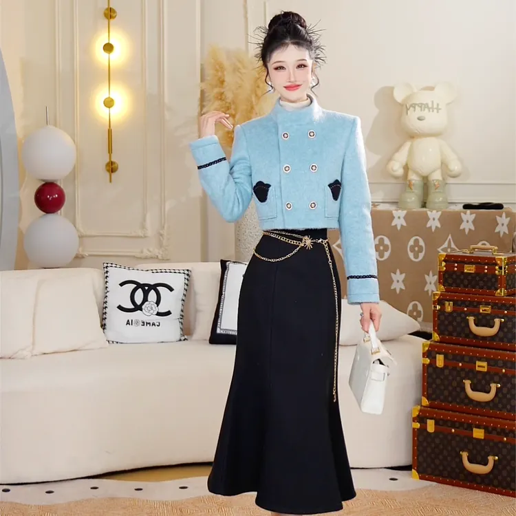 2025冬季新款对色搭配鱼尾套装气质收腰显瘦时尚套装QRADTZ091