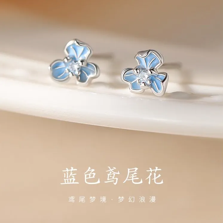 铜合金锆石耳饰 鸢尾花耳骨钉小众轻奢精致简约浪漫可爱蓝色气质