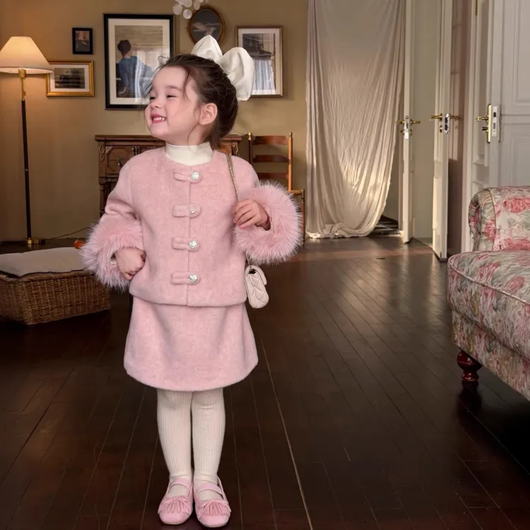 儿童秋冬季新款女童加绒唐装两件套加厚毛呢国风新中式拜年服套装