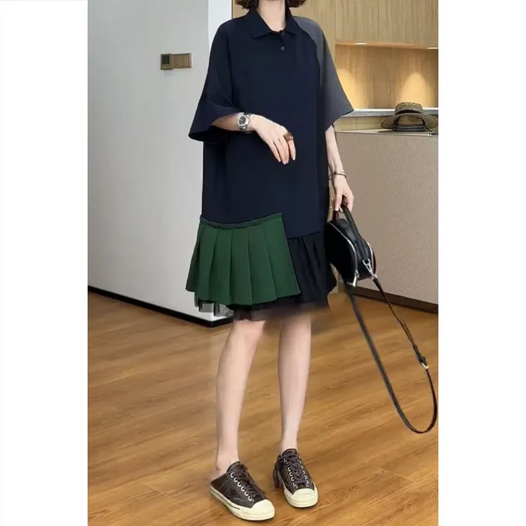 艾塔莉夏季新款Polo领短袖拼接A字裙连衣裙小众设计感时尚不规则