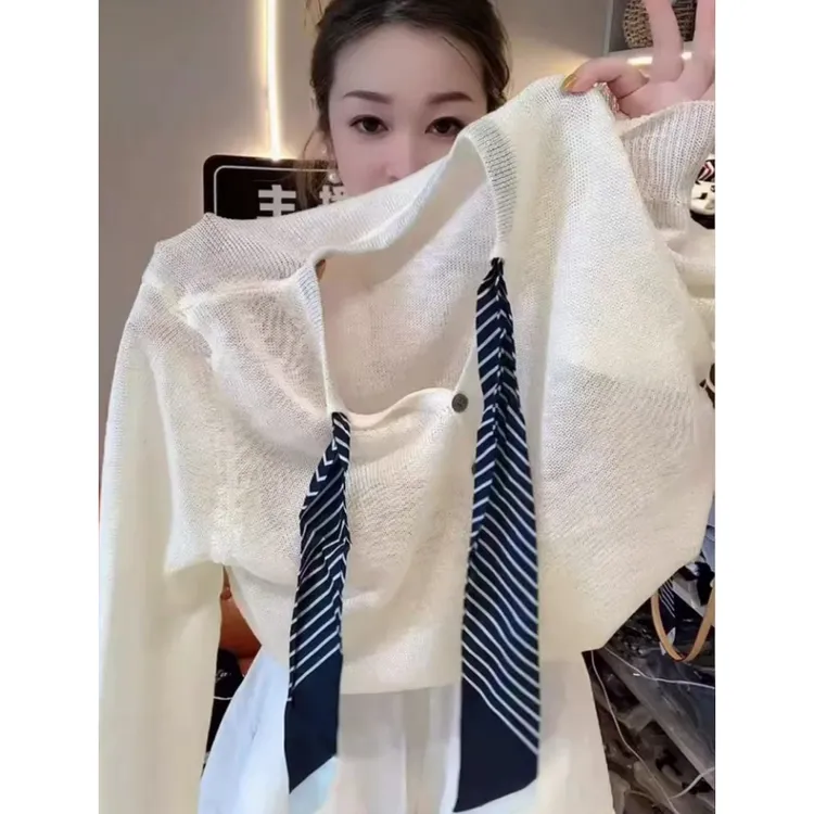 温柔风气质V领长袖针织开衫女早秋新款丝巾领带休闲通勤上衣