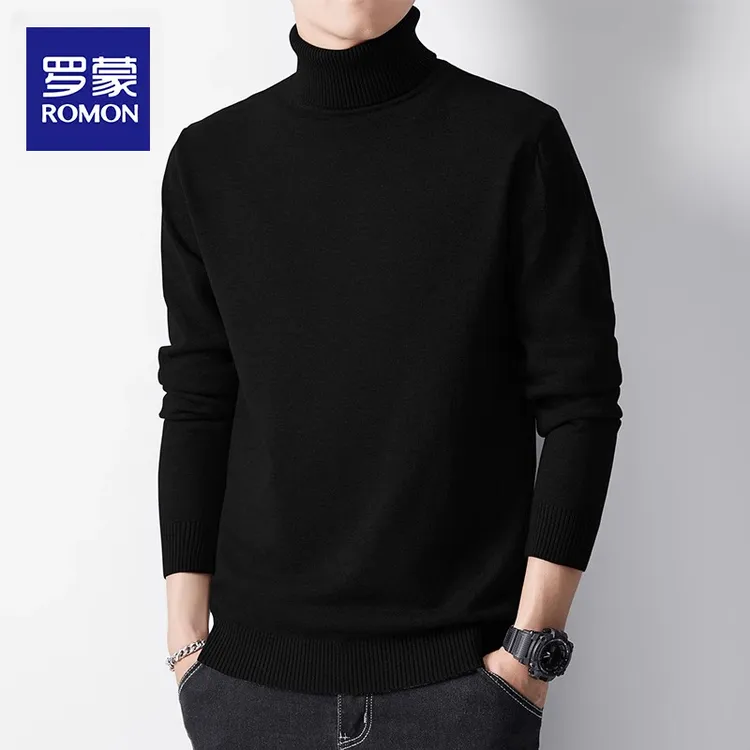 罗蒙高领毛衣男士针织衫秋冬季修身加绒加厚保暖打底衫男款毛线衣