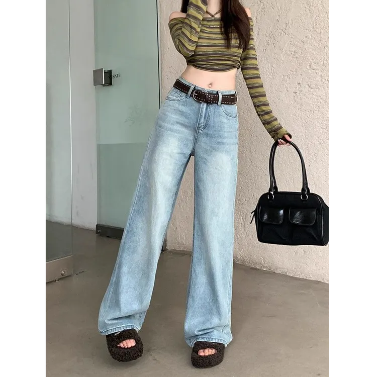 145小个子美式浅蓝色阔腿牛仔裤女夏季新款高腰宽松直筒拖地长裤