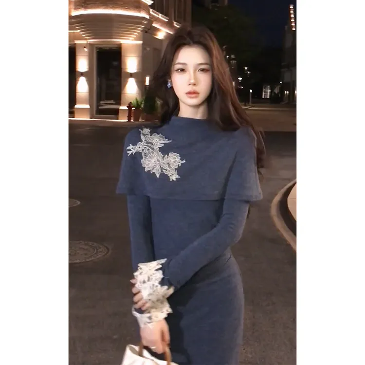 设计感假两件连衣裙2025秋季新款法式气质收腰显瘦中长款长袖裙子