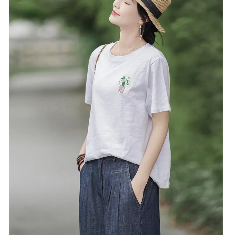 欧货吸汗竹节棉贴布小刺绣T恤女短袖2025新款夏宽松休闲上衣文艺