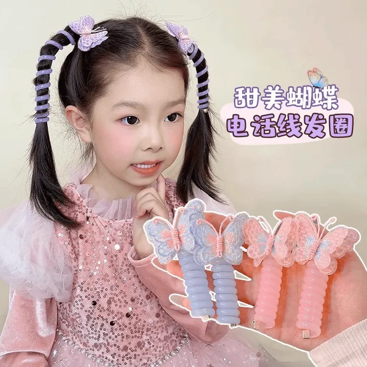 儿童新款蝴蝶电话线发圈高弹力头绳女童可爱小女孩扎辫子卷卷发饰商品图
