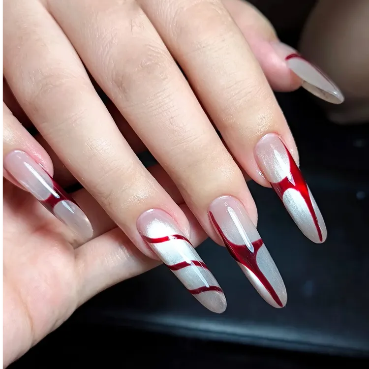 甜酷美式显白渐变穿戴甲高级感高级美甲欧美线条万圣节辣妹风格