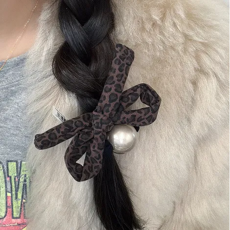 韩式时髦洋气豹纹蝴蝶结珠珠皮筋发绳高级感优雅复古简约搭发圈