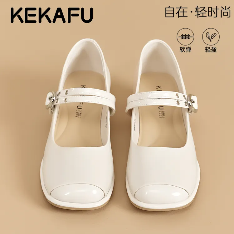 珂卡芙法式粗跟中跟小皮鞋配裙子气质单鞋2025冬季新款玛丽珍鞋女