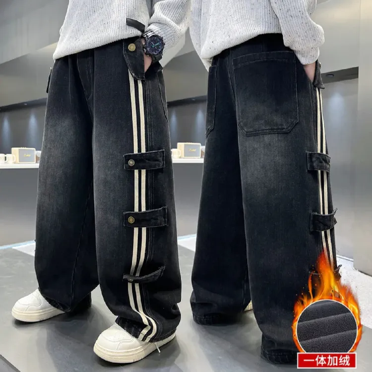男童牛仔裤秋冬一体绒2026新款洋气中大儿童宽松痞帅韩系直筒潮裤