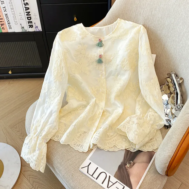  2025年早春新款新中式国风提花刺绣蕾丝衫长袖衬衫上衣精品女
