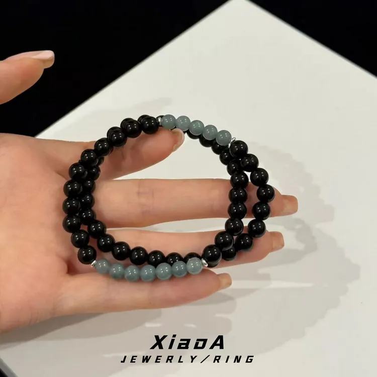 非金属仿水晶手链 新中式曜翠双环百搭双圈手串七夕情侣小众手作