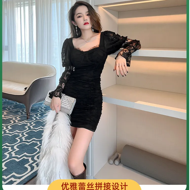 广州十三行秋冬连衣裙小个子蕾丝灯笼袖修身包臀裙洋气连衣裙5573