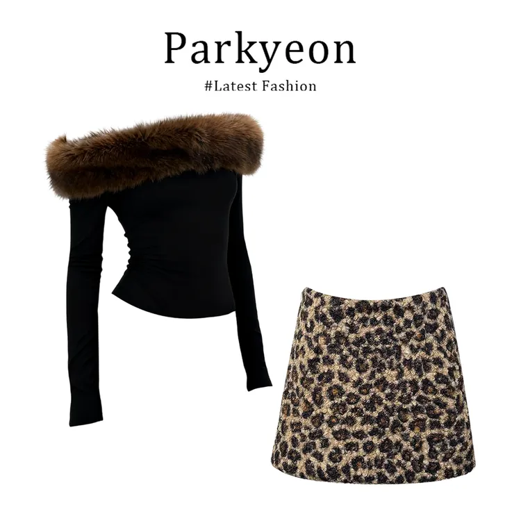 INS CEC毛毛领一字肩露肩抹胸长袖T恤上衣豹纹圆点半身裙套装冬季