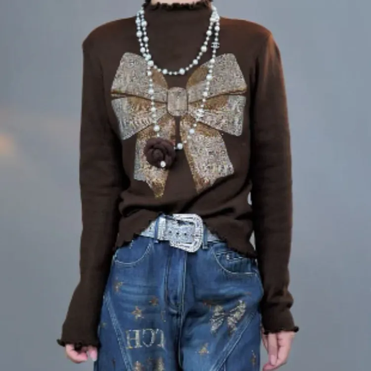 TCH轻奢烫钻工艺冬季新时尚咖色长袖针织衫T75D09E1090私服tch