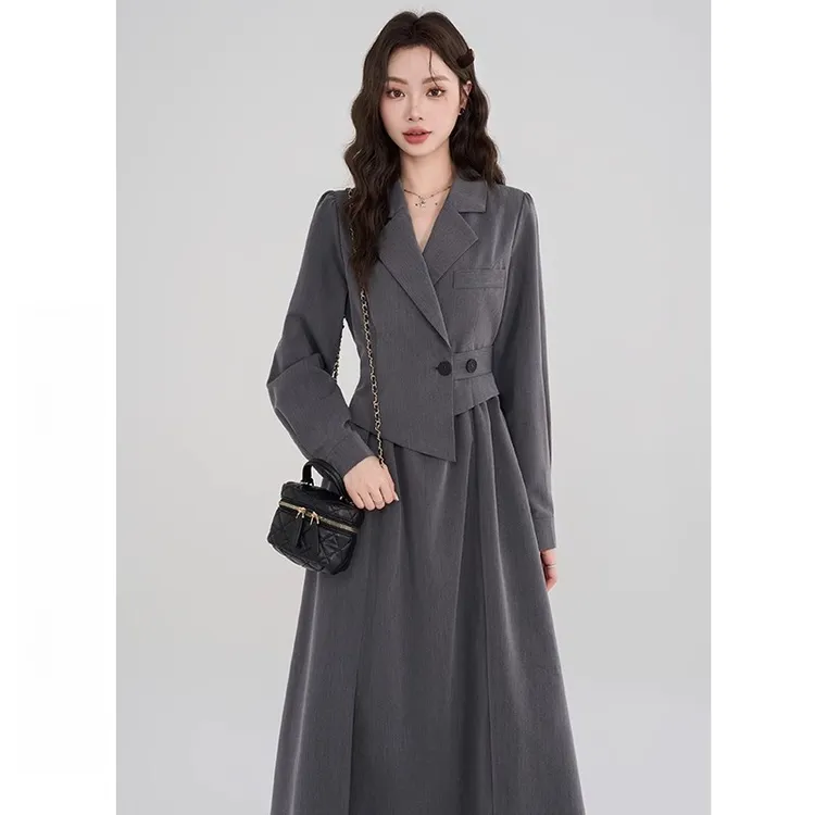 大码法式复古设计感西装连衣裙女秋冬胖mm正式场合假两件气质长裙