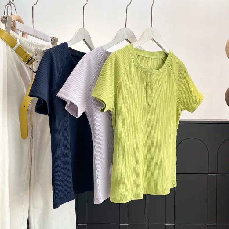 特！显瘦利落 设计感剪刀领 防变型罗纹短袖T恤 H5845 女装 E230
