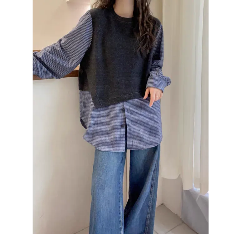 欧洲站2025秋季新款欧货假两件拼接格子衬衫女休闲衬衣时尚女上衣