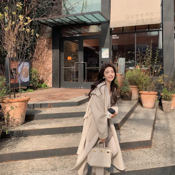 【LILYLIKES】重磅浴袍连帽大衣 连帽系带双面尼长款大衣