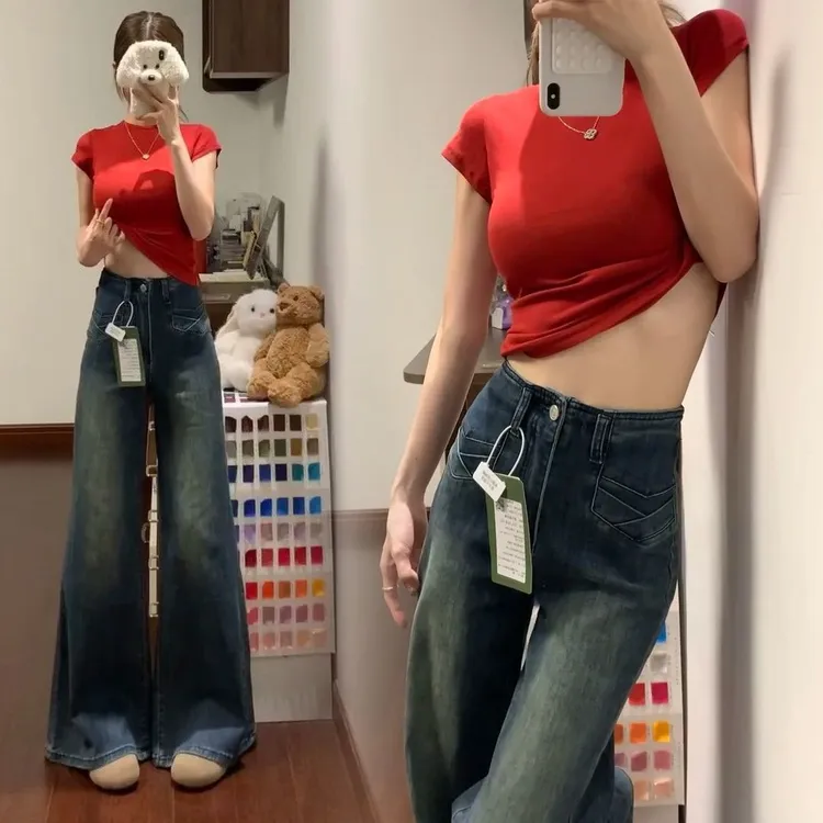 春秋2025新款喇叭裤子不贴腿微喇阔腿裤女胖mm大码高腰显瘦牛仔裤