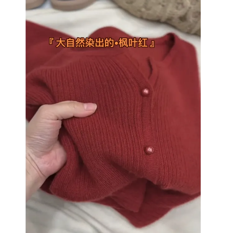 韩系红色单排扣长袖针织开衫女2025年秋冬新款时髦简约百搭上衣