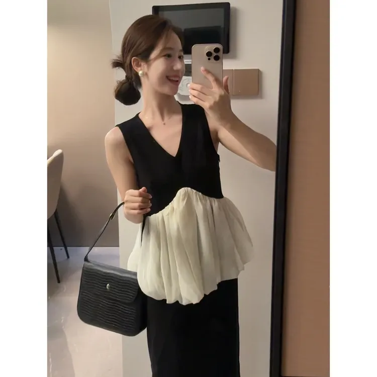 法式气质设计感小众无袖上衣时尚高腰半身裙夏季显瘦黑色两件套女