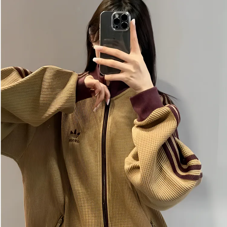 adidas阿迪达斯三叶草男女针织华夫格立领运动宽松夹克外套KC2620