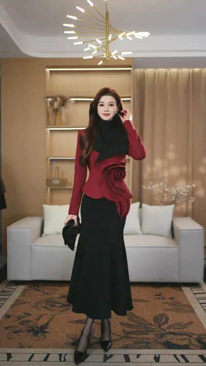 罗曼定制 高定原创红色拼接花朵外套上衣+鱼尾半身裙两件套装女