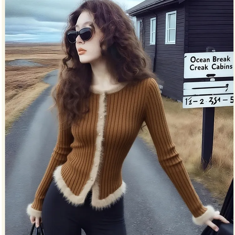 秋冬季复古收腰咖色拼接毛衣针织打底开衫女内搭显瘦绝美长袖上衣