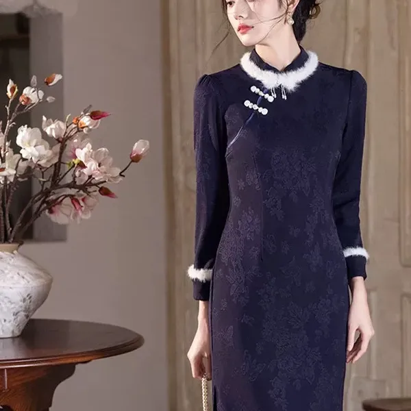 秋冬新民国风藏青色镂空新中式藏蓝色素雅日常可穿古典优雅旗袍