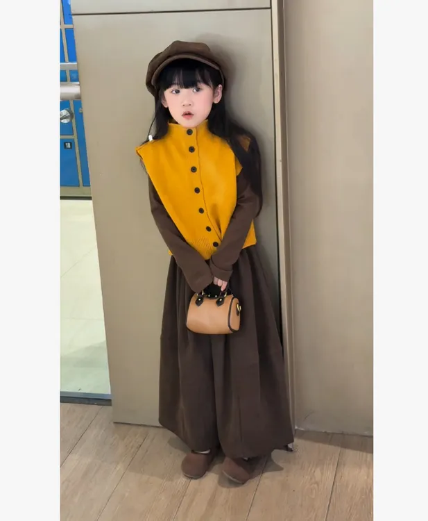 女童2025新款秋冬季韩版时尚双面绒打底毛衣马甲阔腿休闲裤套装潮