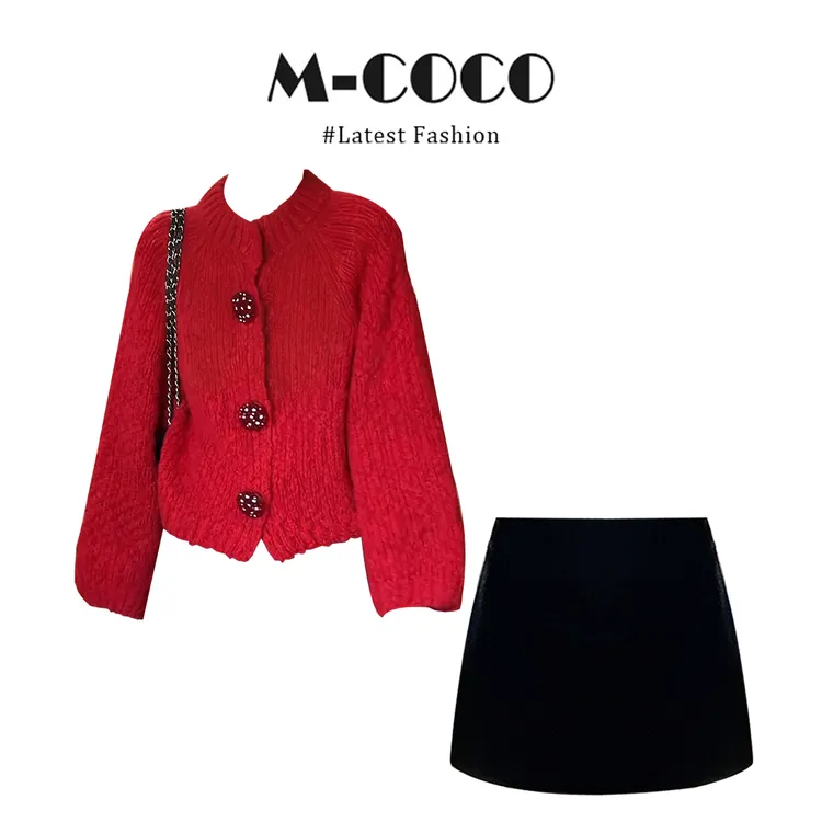 MARIE.COCO秋冬氛围感新年慵懒风红色针织衫毛衣半身裙裤套装