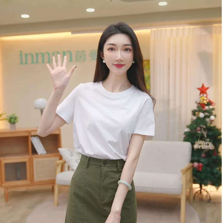 【夏季凉感T恤】茵曼夏新款圆领短袖洋气衣服女百搭正肩显瘦纯棉T